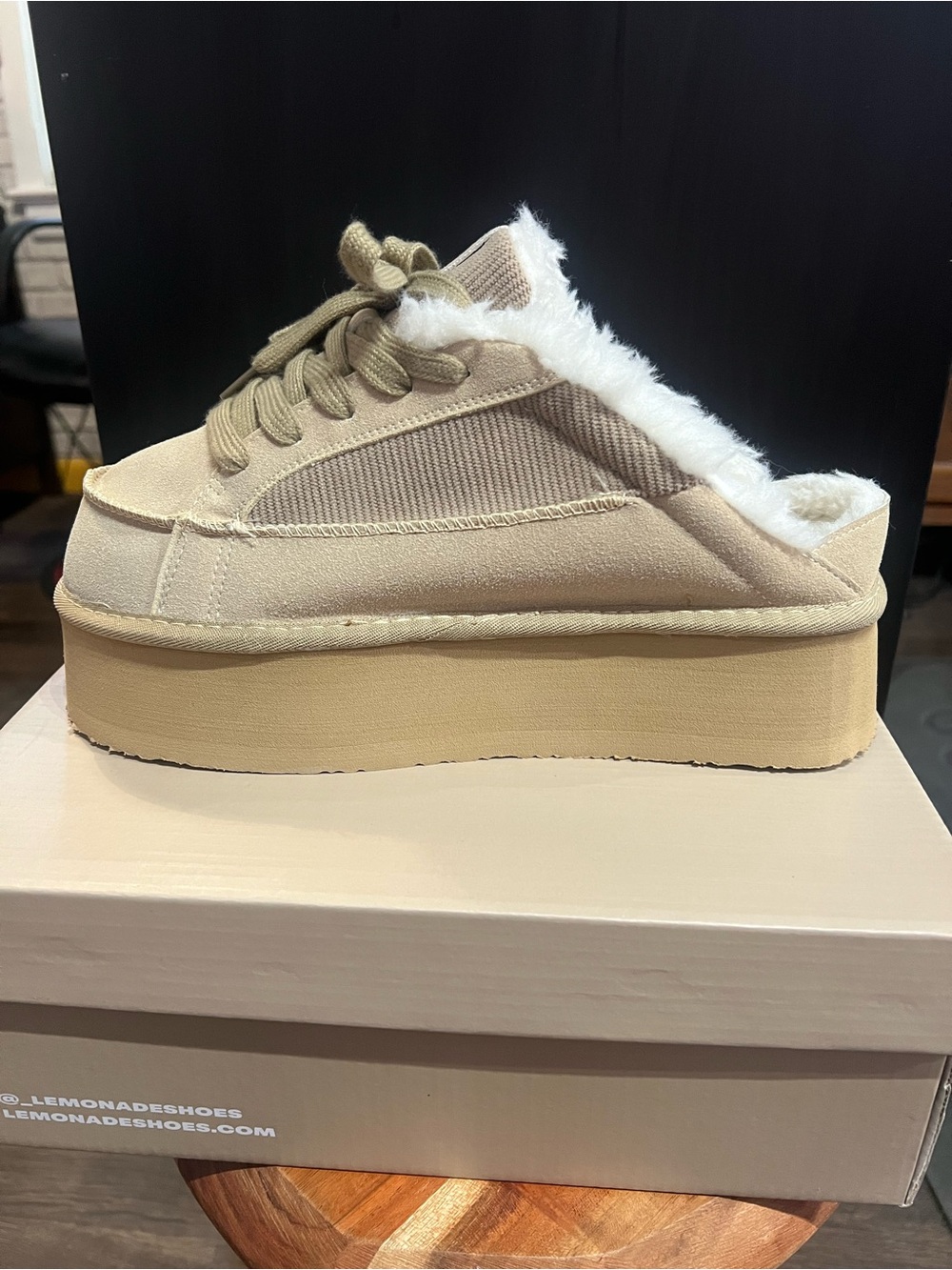 Platform Faux-Shearling Slip-On Sneakers in Beige